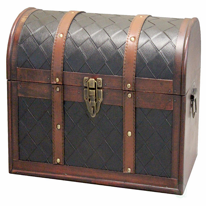 Vintiquewise Wooden Leather Round Top Treasure Chest, Decorative storage Trunk with Lockable Latch Image