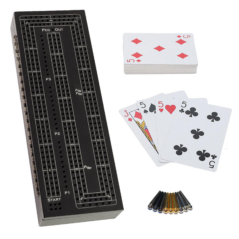 WE Games 3 Player Wooden Cribbage Set - Easy Grip Pegs and 2 Decks of Cards Inside of Board - Black Stained Wood Image
