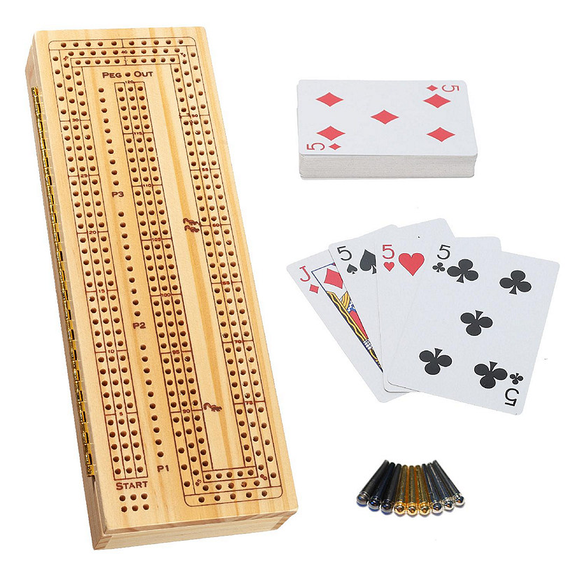 WE Games 3 Player Wooden Cribbage Set - Easy Grip Pegs and 2 Decks of Cards Inside of Board - Natural Wood Image