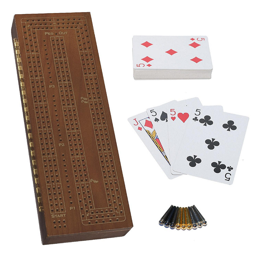 WE Games 3 Player Wooden Cribbage Set - Easy Grip Pegs and 2 Decks of Cards Inside of Board - Walnut Wood Stain Image