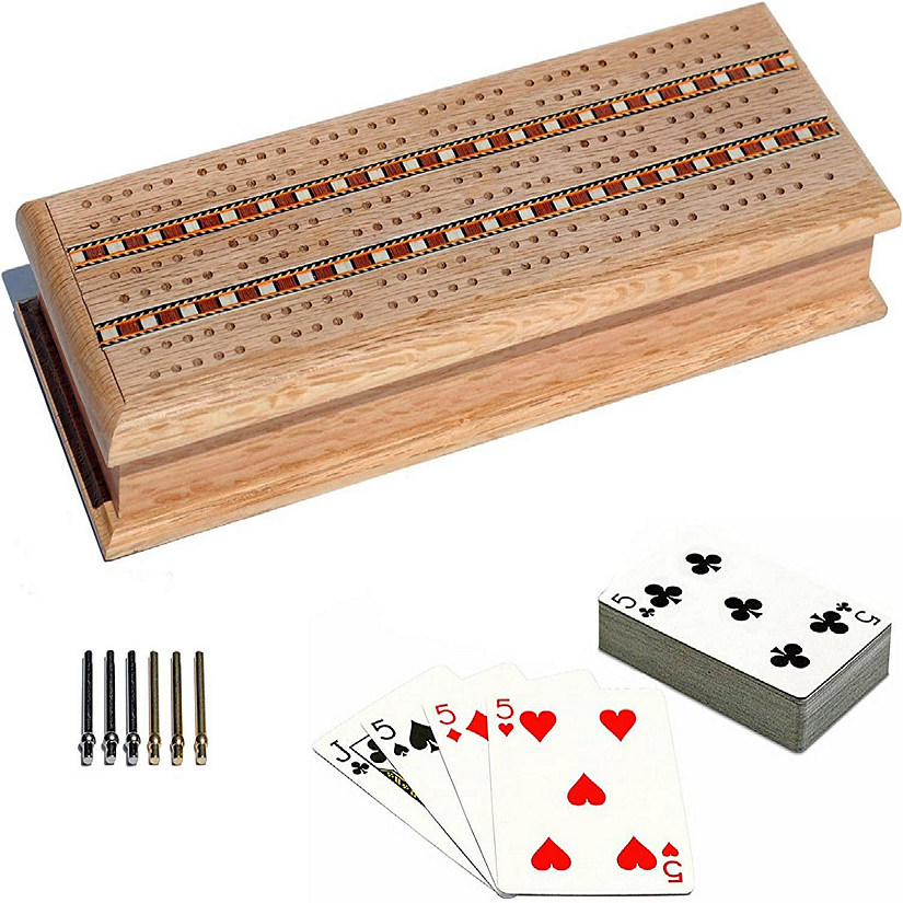 WE Games 3 Track Sprint Cabinet Cribbage Set with Metal Pegs & 2 Card Decks Image