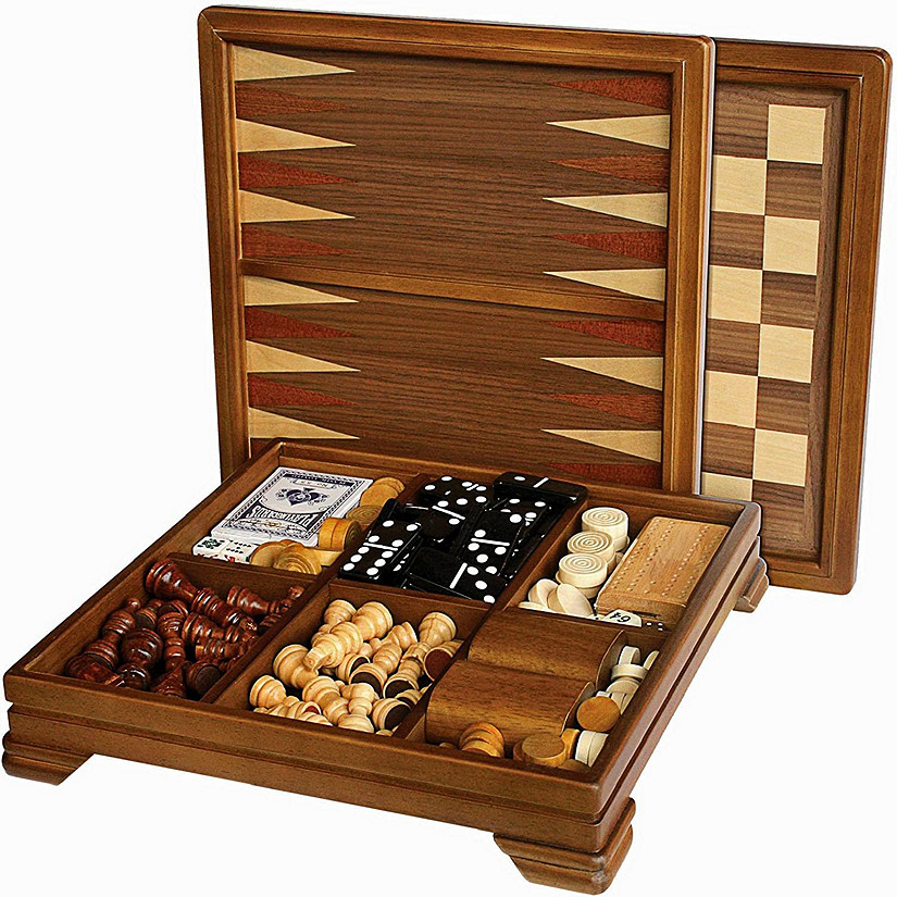 WE Games Walnut 7-Games-in-1 Combination Game Set - Includes Chess, Checkers, Backgammon, Dominoes, Cribbage, Poker, Dice and Cards Image