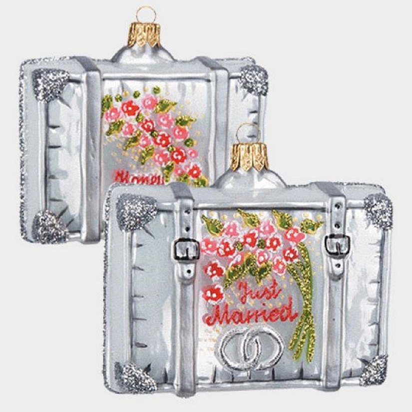 Wedding Just Married Honeymoon Travel Suitcase Glass Christmas Ornament ONE Pc Image
