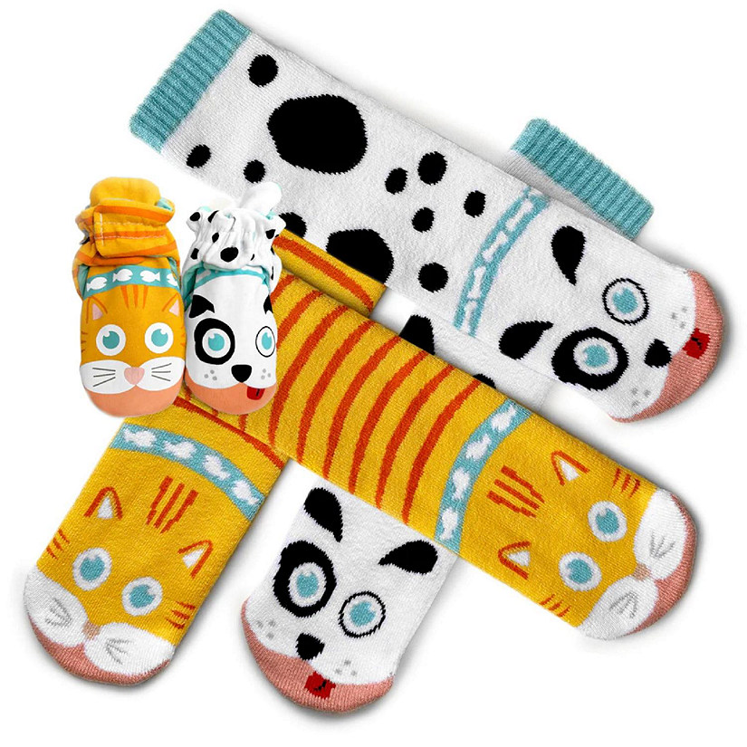 Welcome Tiny Human! Gift Bundle for New Parents, 2 Pairs Cat & Dog Pals Socks + Non-Slip Baby Booties Bundle! (size: Adult Large socks + 12-18 Months booties) Image