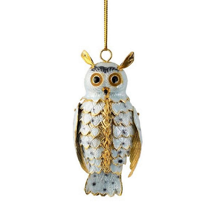 White Silver Owl Articulated Cloisonne Metal Christmas Tree Ornament Image