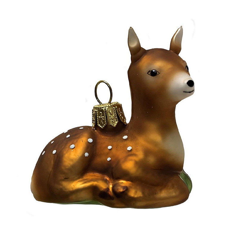 White Spotted Fawn Deer Laying Down Polish Glass Christmas Tree Ornament Animal Image