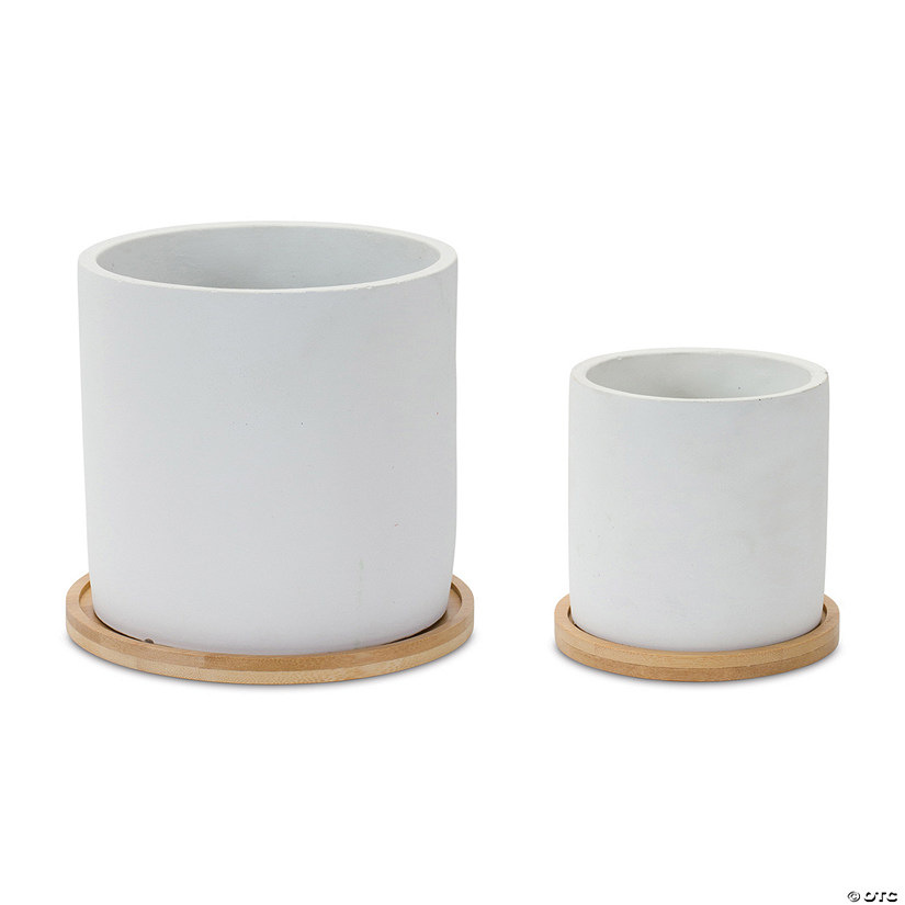 White Stone Planter With Wood Plate (Set Of 2) 4.5"D X 4.25"H, 6.5"D X 6"H Cement Image