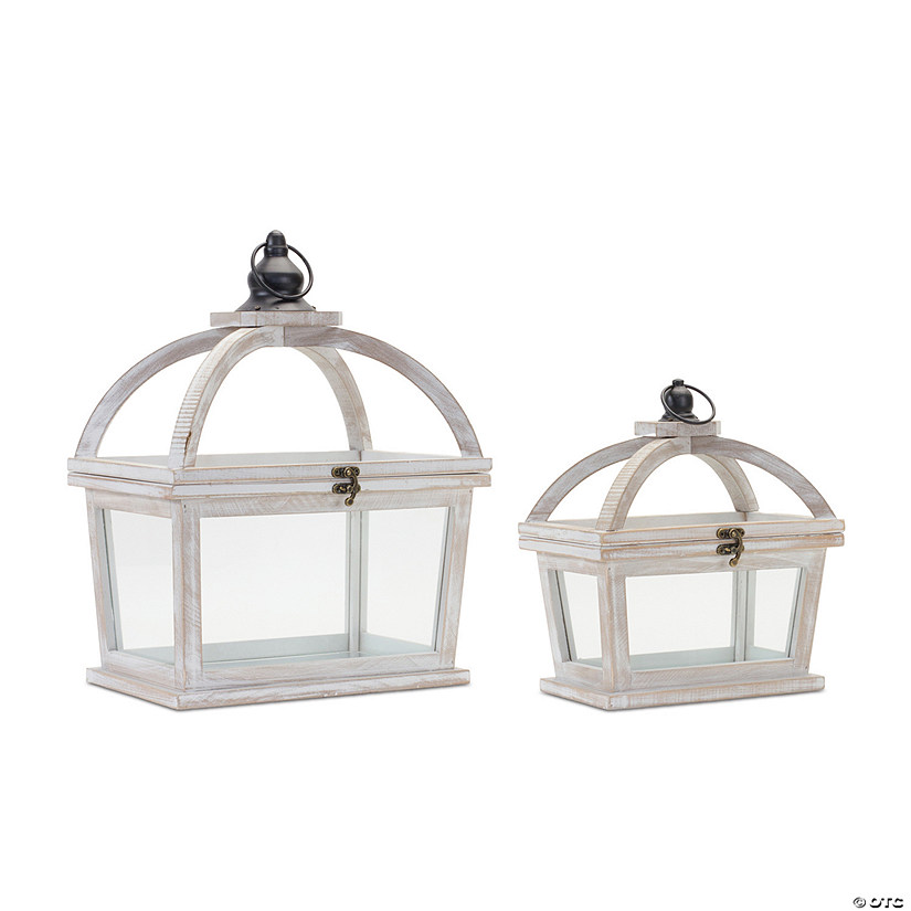 White Tapered Wood Lantern With Open Lid (Set Of 2) 9.5"L X 11"H, 12.25"L X 16"H Wood/Glass Image