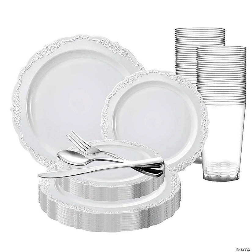 White Vintage Round Disposable Plastic Dinnerware Value Set (120 Settings) Image