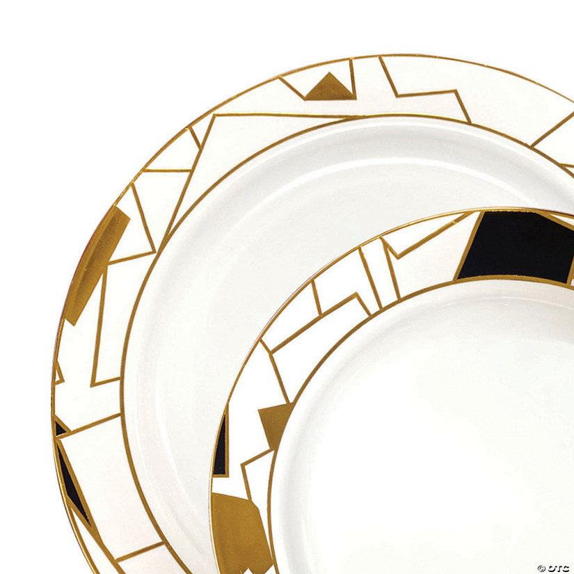 White with Black and Gold Abstract Squares Pattern Round Disposable Plastic Dinnerware Value Set (40 Dinner Plates + 40 Salad Plates) Image