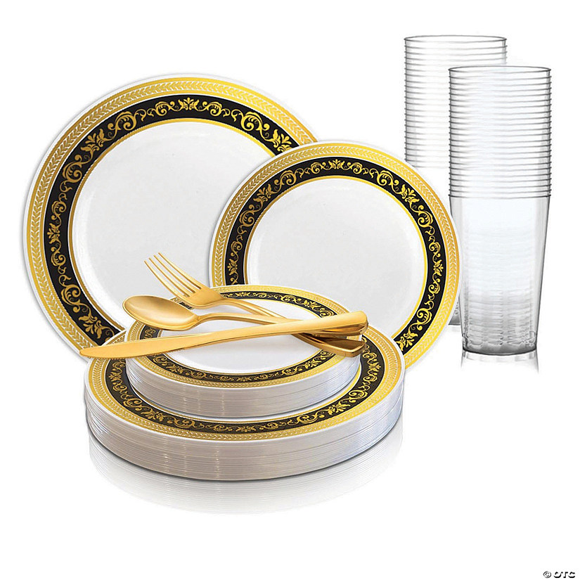 White with Black and Gold Royal Rim Plastic Dinnerware Value Set (60 Settings) Image