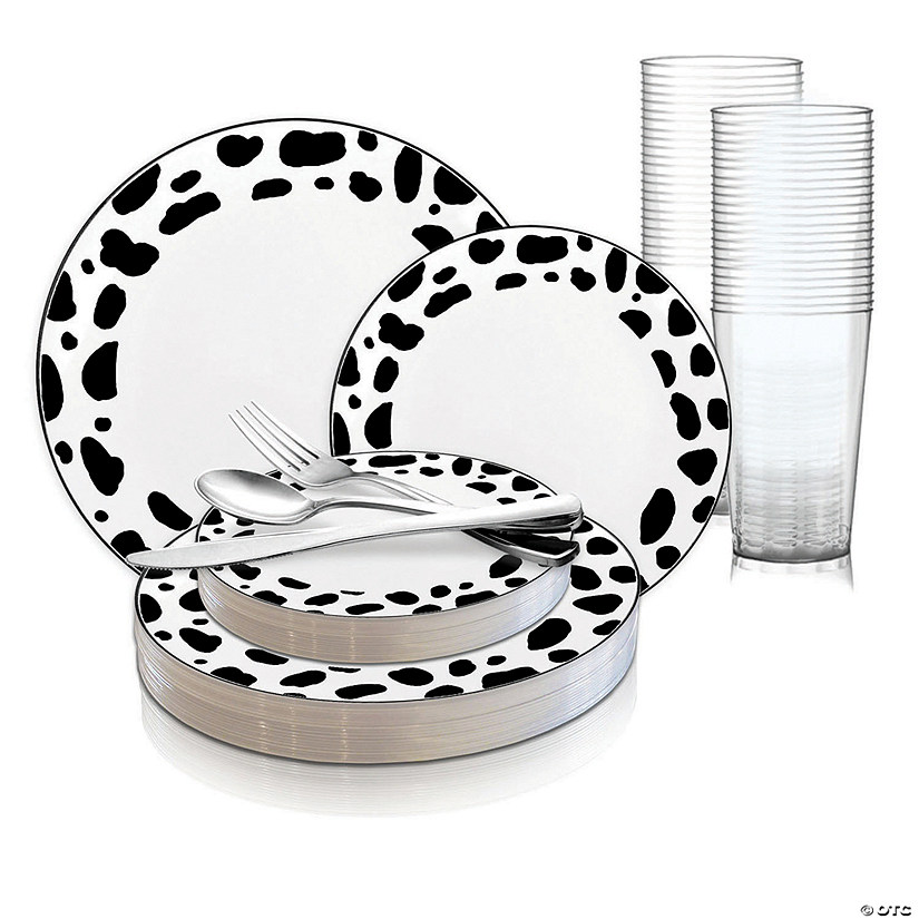 White with Black Dalmatian Spots Round Disposable Plastic Dinnerware Value Set (60 Settings) Image