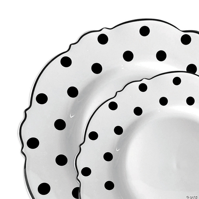 White with Black Dots Round Blossom Disposable Plastic Dinnerware Value Set (40 Dinner Plates + 40 Salad Plates) Image