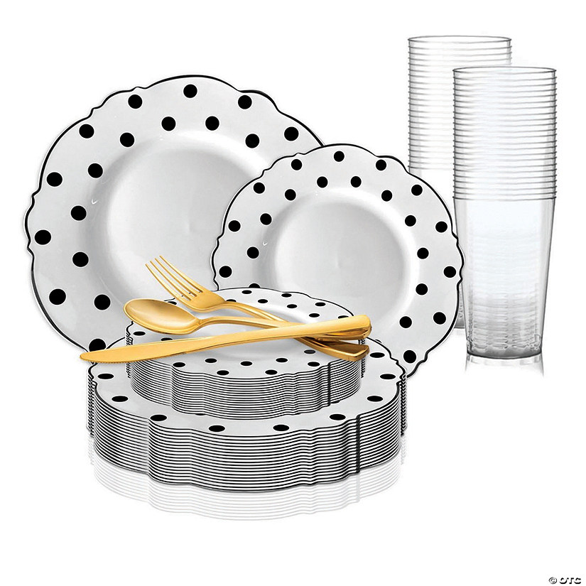 White with Black Dots Round Blossom Disposable Plastic Dinnerware Value Set (60 Settings) Image