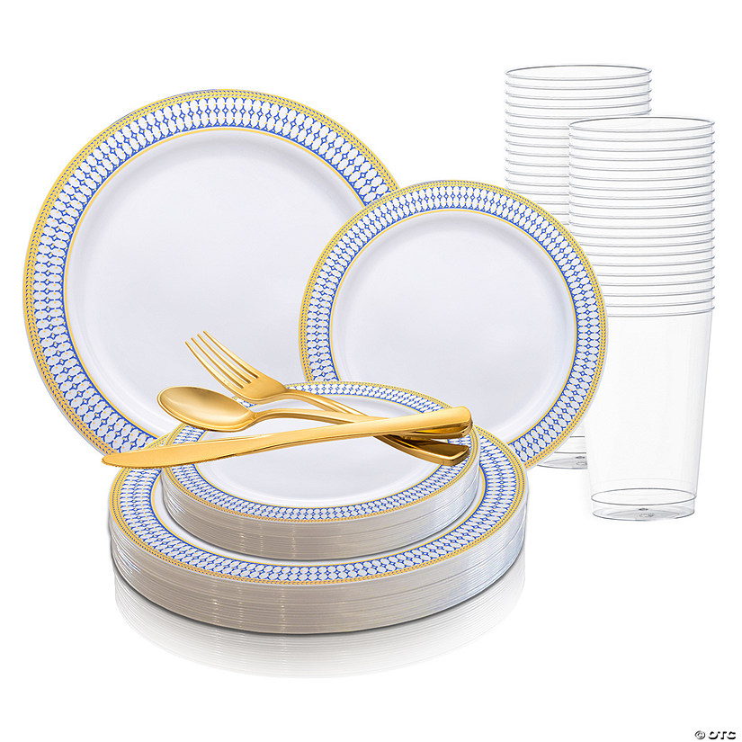 White with Blue and Gold Chord Rim Plastic Dinnerware Value Set (120 Settings) Image