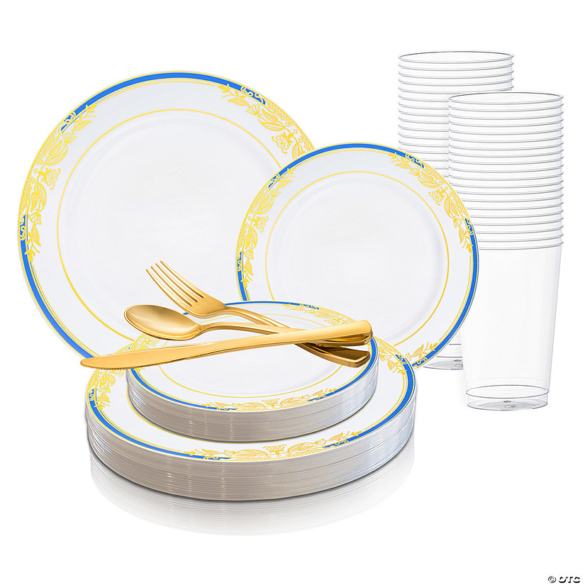 White with Blue and Gold Harmony Rim Plastic Dinnerware Value Set (60 Settings) Image