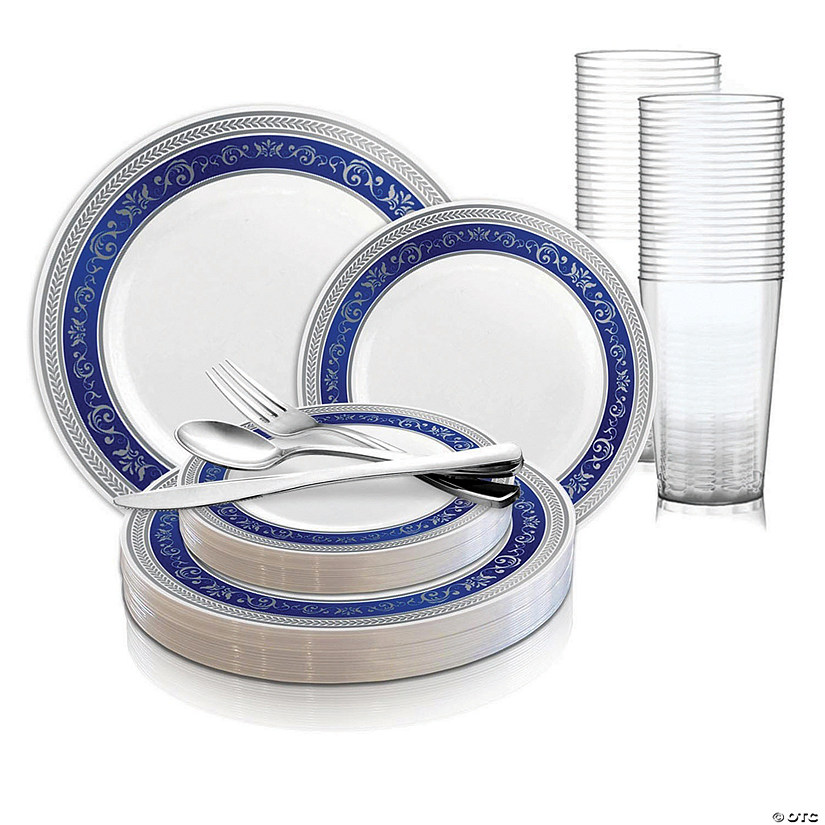 White with Blue and Silver Royal Rim Plastic Dinnerware Value Set (120 Settings) Image