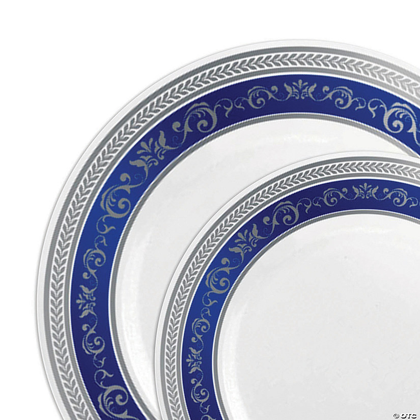 White with Blue and Silver Royal Rim Plastic Dinnerware Value Set (40 Dinner Plates + 40 Salad Plates) Image