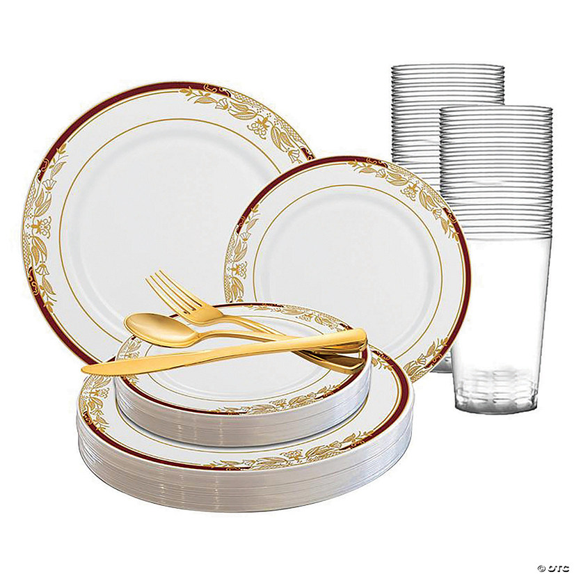 White with Burgundy and Gold Harmony Rim Plastic Dinnerware Value Set (20 Settings) Image