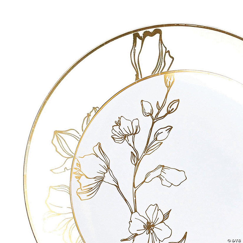White with Gold Antique Floral Round Disposable Plastic Dinnerware Value Set (40 Dinner Plates + 40 Salad Plates) Image