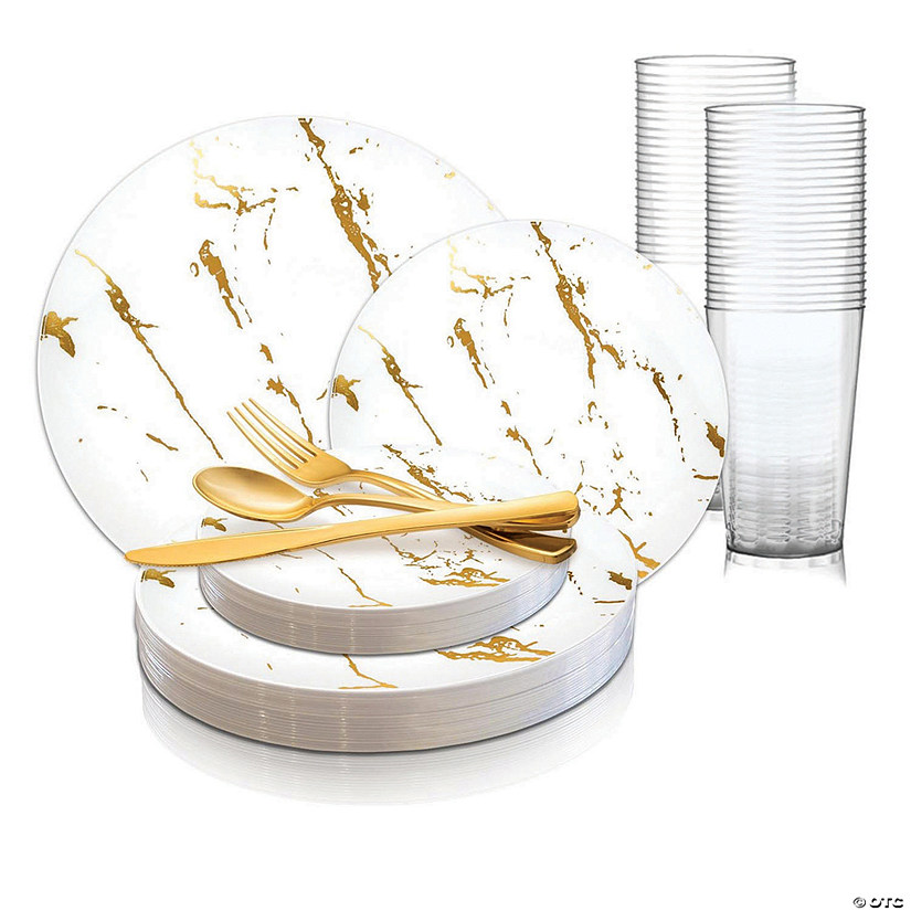 White with Gold Marble Stroke Round Disposable Plastic Dinnerware Value Set (60 Settings) Image