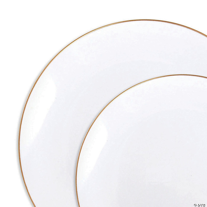White with Gold Rim Organic Round Disposable Plastic Dinnerware Value Set (40 Dinner Plates + 40 Salad Plates) Image