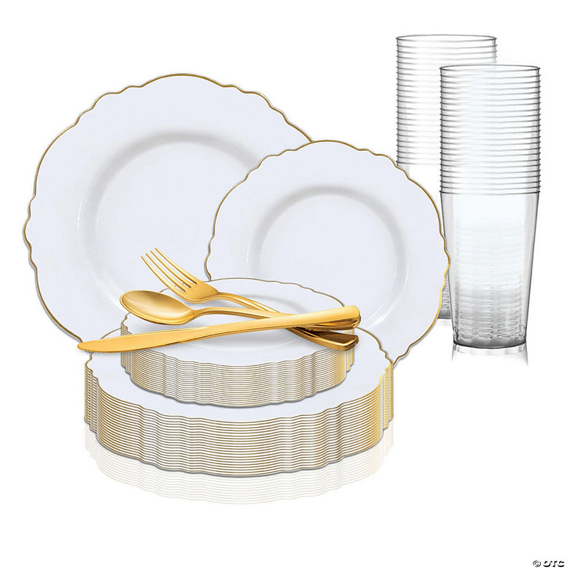 White with Gold Rim Round Blossom Disposable Plastic Dinnerware Value Set (20 Settings) Image
