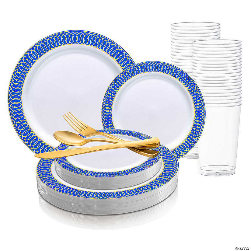 White with Gold Spiral on Blue Rim Plastic Dinnerware Value Set (20 Settings) Image