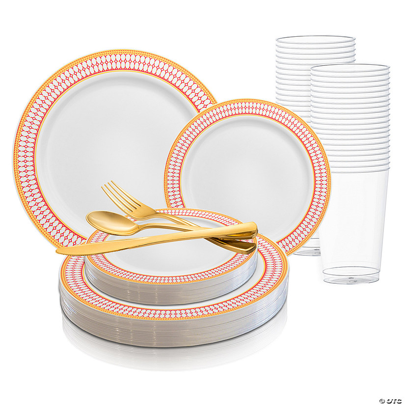 White with Red and Gold Chord Rim Plastic Dinnerware Value Set (20 Settings) Image