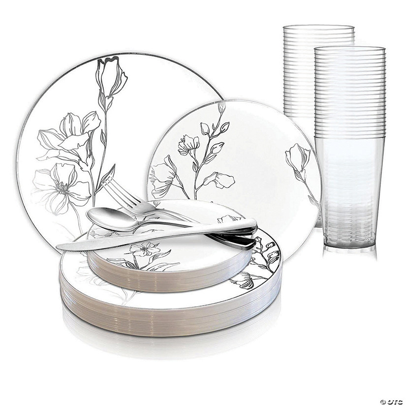 White with Silver Antique Floral Round Disposable Plastic Dinnerware Value Set (60 Settings) Image