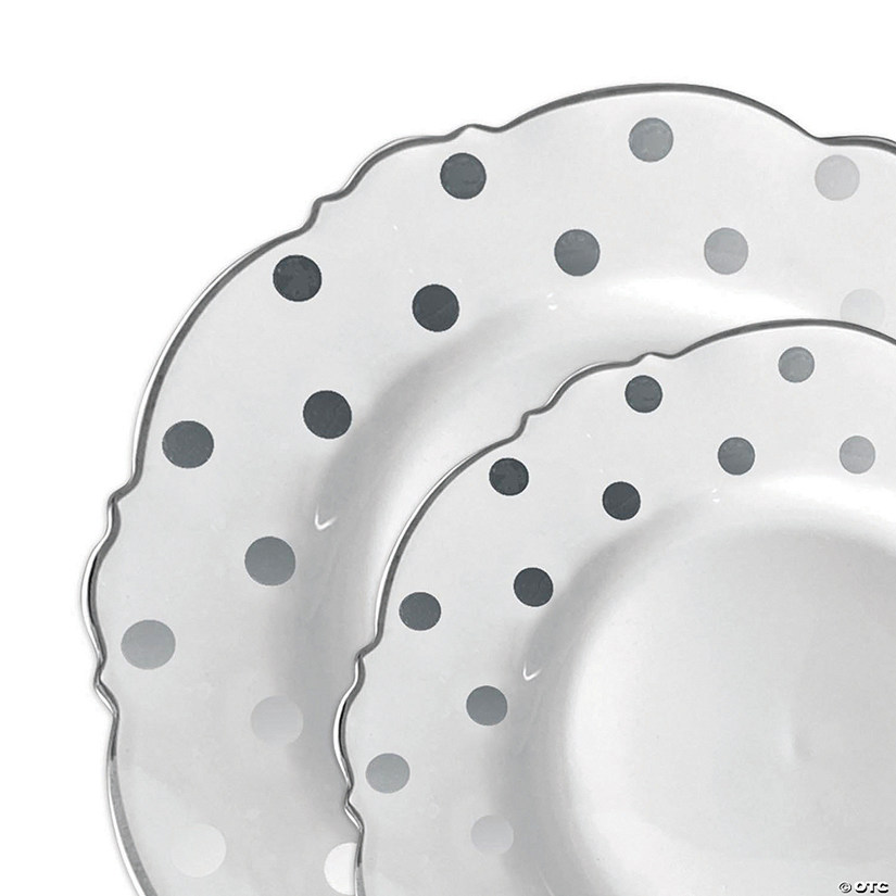 White with Silver Dots Round Blossom Disposable Plastic Dinnerware Value Set (40 Dinner Plates + 40 Salad Plates) Image