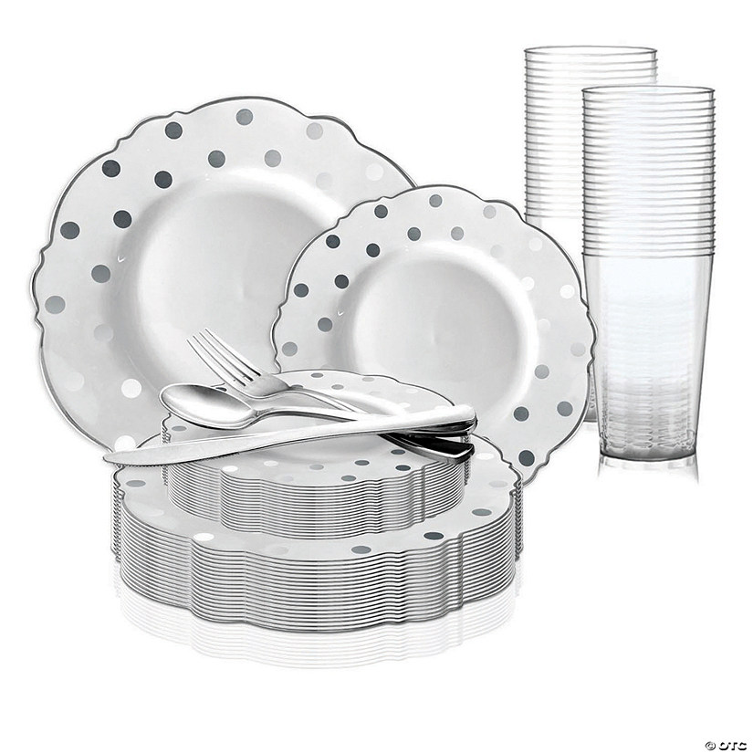White with Silver Dots Round Blossom Disposable Plastic Dinnerware Value Set (60 Settings) Image