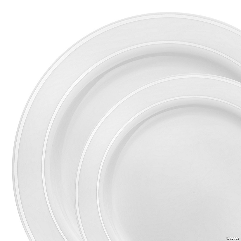 White with Silver Edge Rim Plastic Dinnerware Value Set (40 Dinner Plates + 40 Salad Plates) Image