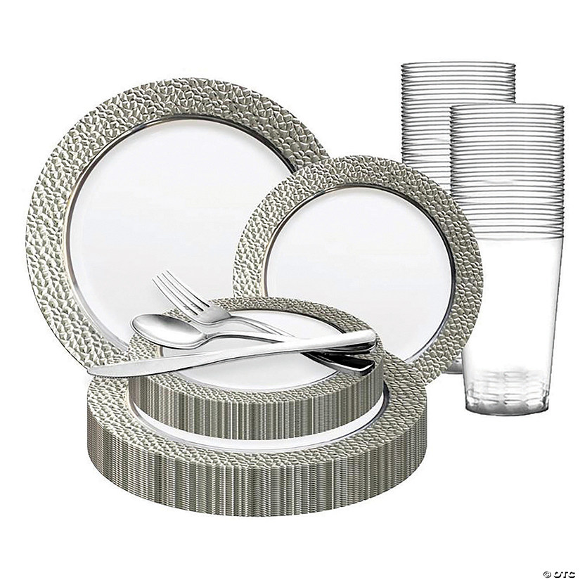 White with Silver Hammered Rim Round Plastic Dinnerware Value Set (60 Settings) Image