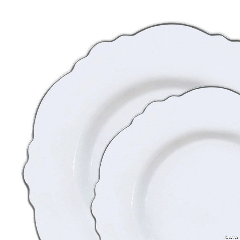 White with Silver Rim Round Blossom Disposable Plastic Dinnerware Value Set (120 Dinner Plates + 120 Salad Plates) Image