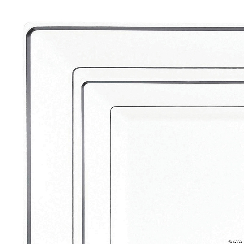 White with Silver Square Edge Rim Plastic Dinnerware Value Set (40 Dinner Plates + 40 Salad Plates) Image