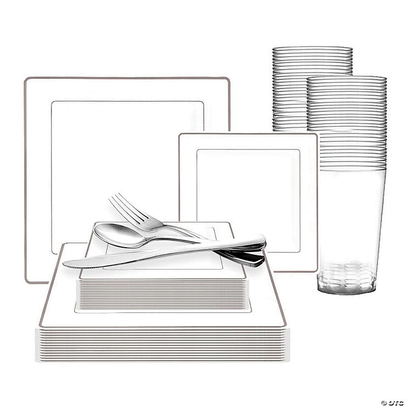White with Silver Square Edge Rim Plastic Dinnerware Value Set (60 Settings) Image