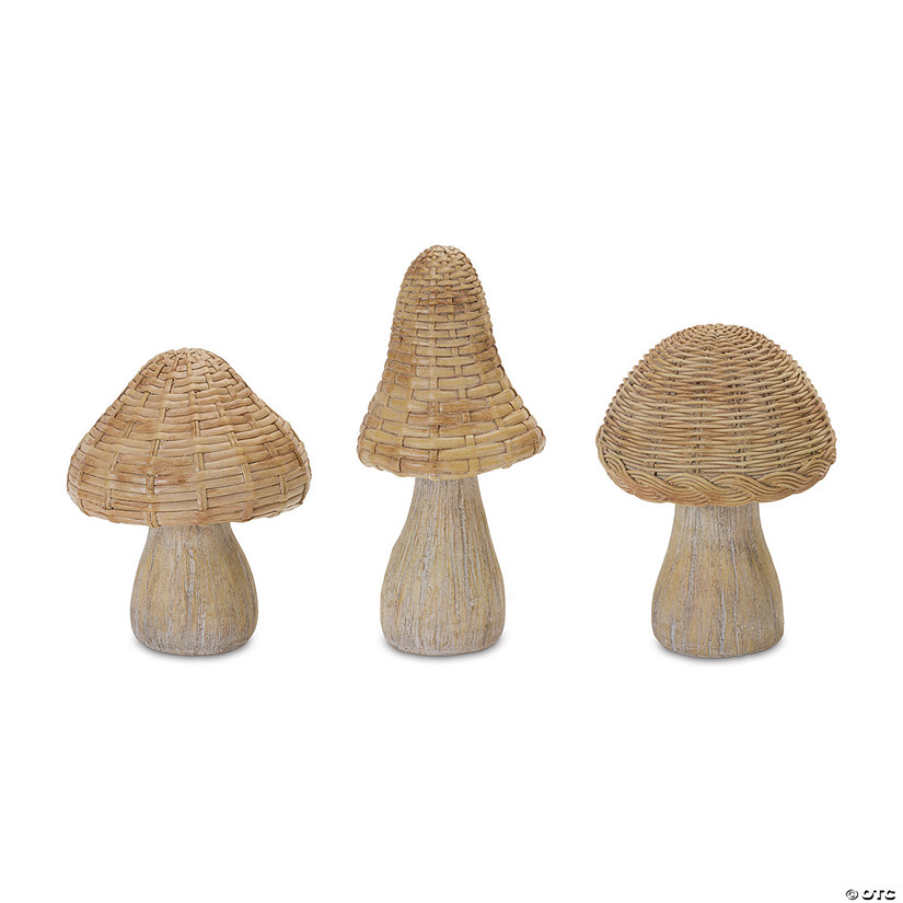 Wicker Mushroom Decor (Set Of 3) 6"H, 6.75"H, 8.25"H Resin Image