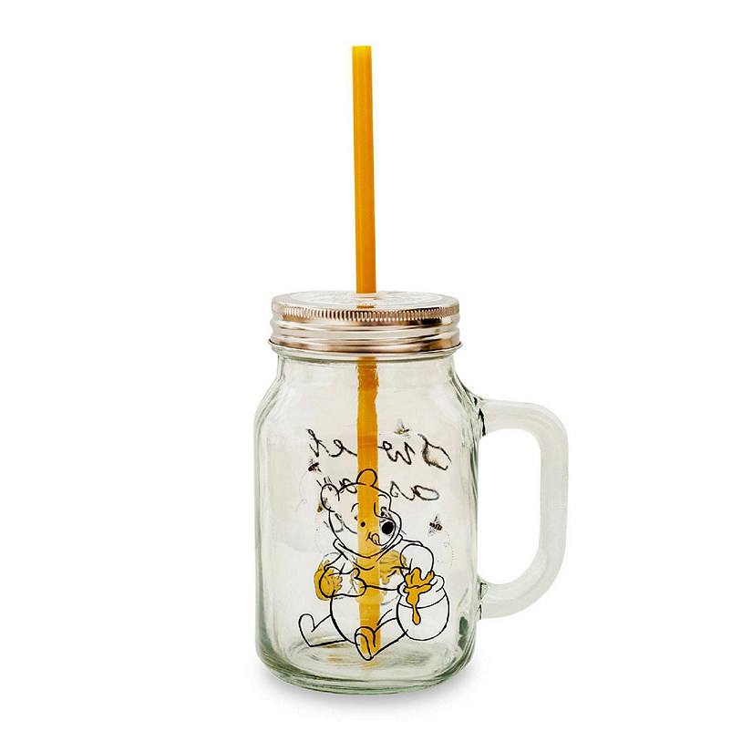 Winnie the Pooh Sweet as Can Bee 21 Ounce Glass Mason Jar With Lid and Straw Image