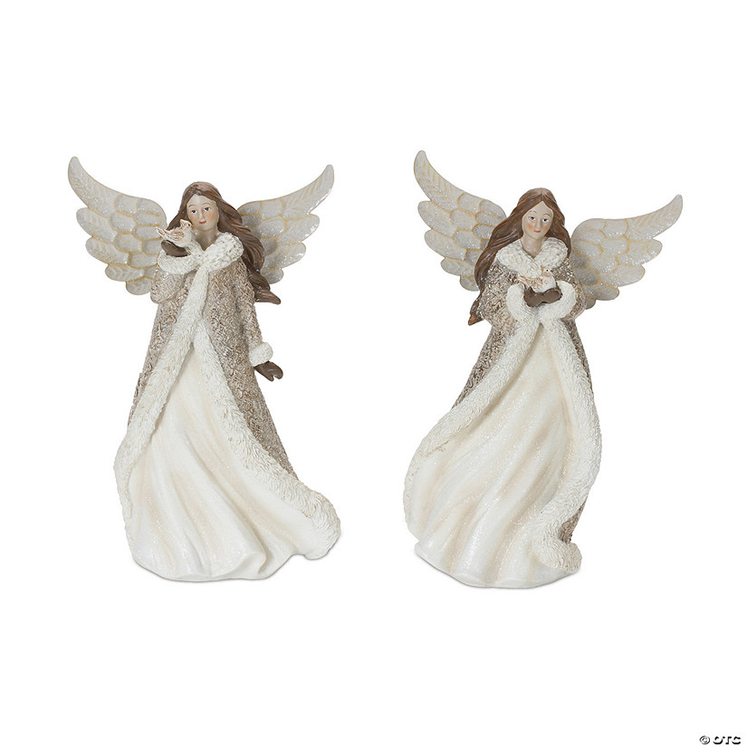 Winter Angel Figurine With Bird Accent (Set Of 2) 12"H Resin Image