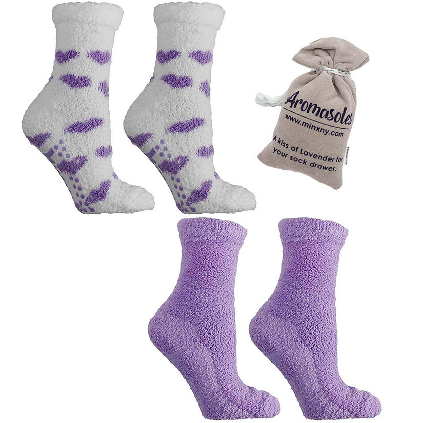 Women's Non-Skid Warm Soft and Fuzzy Lavender Infused 2-Pair Pack Slipper Socks with Lavender Sachet Gift, Hearts, Lavender Image