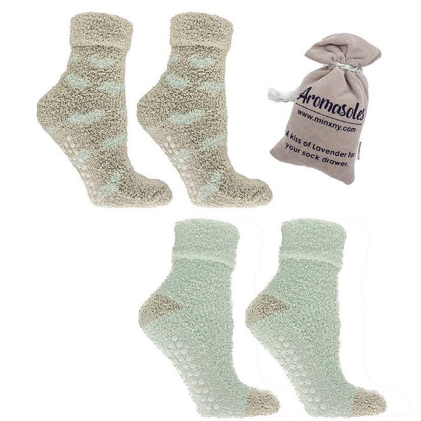 Women's Non-Skid Warm Soft and Fuzzy Lavender Infused 2-Pair Pack Slipper Socks with Lavender Sachet Gift, Hearts, Seafoam Image