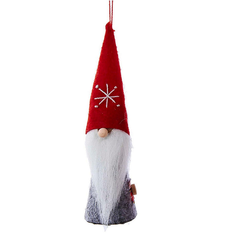 Wood and Felt Dwarf Gnome with Red Snowflake Hat Christmas Tree Ornament New Image