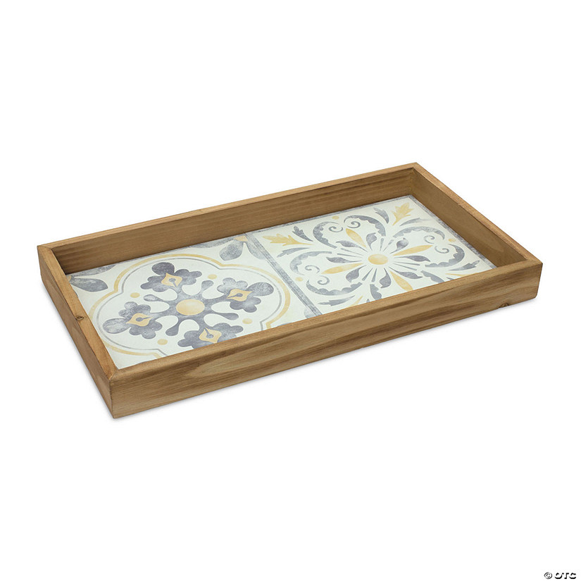 Wood Tray with Vintage Tile Design 17"L Image