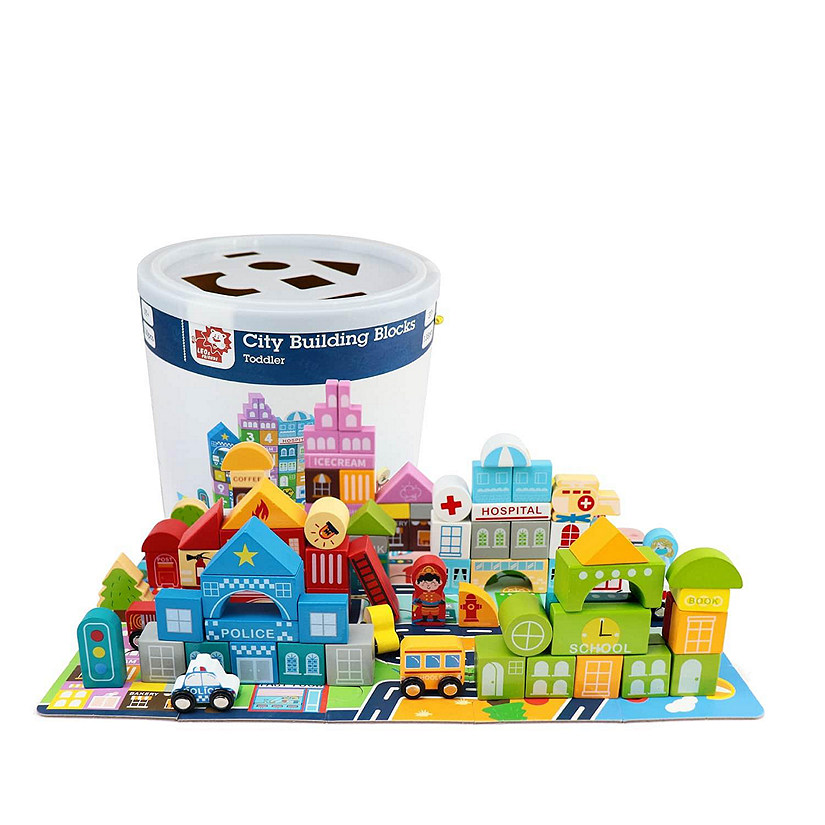 Wooden City Building Block Toy 100-Piece Set, City Construction Stacking Shape Recognition Set, with Buildings, Vehicles, Roads, People & More Image