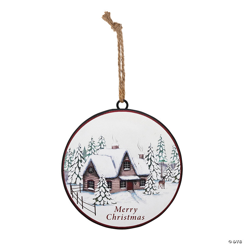 Woodland Winter Cabin Disc Ornament  (Set Of 12) 6"D Iron Image