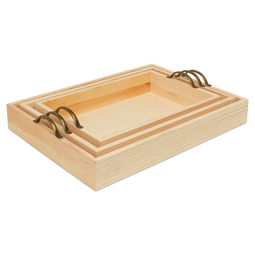 Woodpeckers Crafts, DIY Unfinished Wood Set of 3 Rectangular Trays with Metal Handles Image