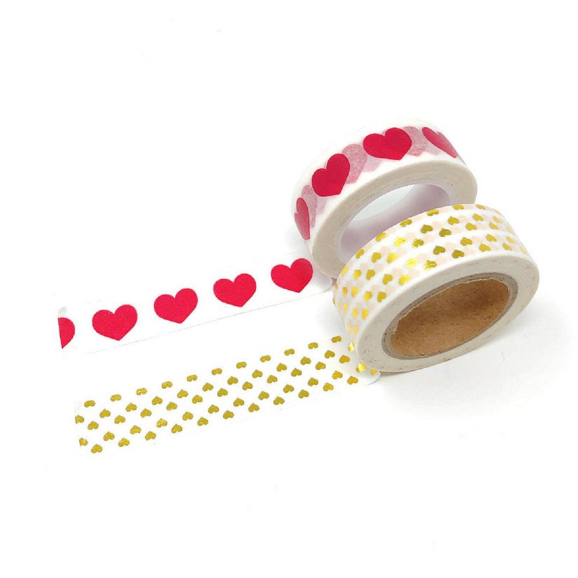 Wrapables 10M x 15mm Washi Masking Tape (Set of 2), Red and Gold Hearts Image