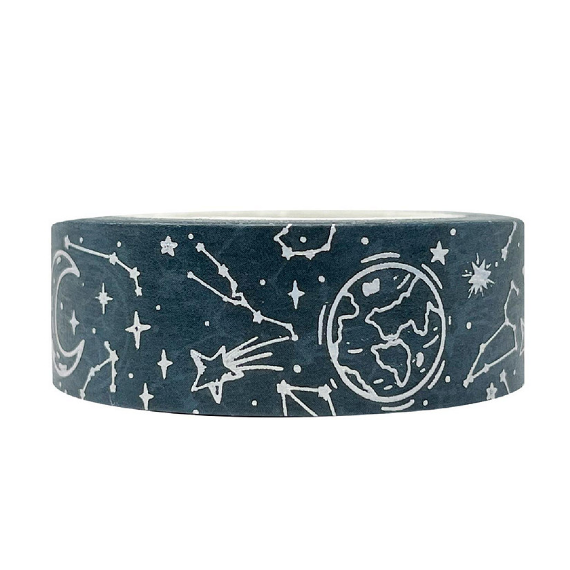 Wrapables 15mm x 10M Gold and Silver Foil Washi Masking Tape, Stars & Planets Image