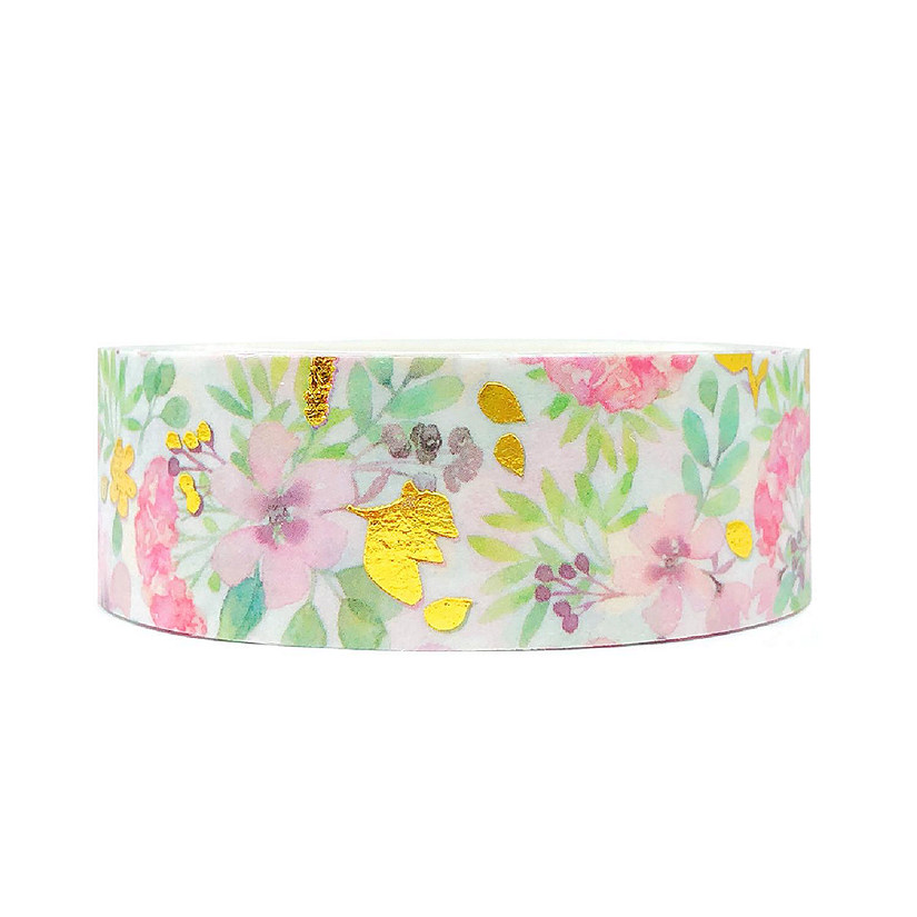 Wrapables 15mm x 5M Gold and Silver Foil Washi Masking Tape, Pink Flowers Image